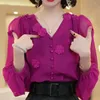 Women's Blouses Korean Commute V-Neck Loose Blouse Female Clothing Single-breasted Spring Autumn Long Sleeve Stylish Floral Patch Designs