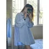 Boulouches pour femmes Boutons d'automne Blouse de coton bleu Femmes Fashion Longe Loose Casual Shirt Office Lady Elegant Solid Tops Blusas 29950