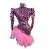 Costume de scène de décoration de fête pour chanteur femmes rose miroir robe à manches longues dos nu dentelle serrée sexy robes d'anniversaire de bal club 218V