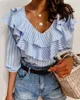 Damesblouses Wsevypo Blauw Gestreepte Ruches Kraag Blouse Voor Vrouwen Zomer Tops Kantoor Dame Half Mouw V-hals Shirts Elegant