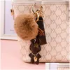 Key Rings Bunny Design Chains Ring Pompom Ball Rabbit Bag Pendant Charm Keyring Buckle Gift Jewelry Accessories Pu Leather Brown Flowe Dhpcz