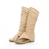 Bottes YMECHIC 2023 Mode Beige Kaki Creux Talon Plat Femmes Été Femme Dames Chaussures Genou Haute Gladiateur Sandales