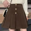 Röcke Kurzer Rock für Frauen Koreanische Mode Schwarzer Wollfaltenknopf Braune Minishorts Herbstkleidung