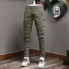 Męskie dżinsy projektant mody mężczyźni Khaki splatane rozciąganie szczupłe spodni ładunkowy dżins