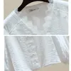 Kvinnors blusar Tidig Autumn V Neck Chiffon Lace Shirt 2023 Elegant Loose White Blue Long Sleeve Ladies Simple Tops 28559