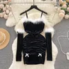 Casual Dresses Foamlina Sexy Faux Fur Fluffy Spaghetti Strap Velvet Dress Women Fashion Red Black Removable Sleeve Slim Ruched Mini Party