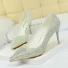 Dress Shoes Korean Fashion Wedding Shoes High Heel 7cm Thin Heel Shallow Mouth Pointed Sexy Banquet Shoes Diamond Single Shoes Large Size 43 231212