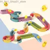 Bath Toys Baby Bath Toys DIY Blocks Slide Race Run Assembling Orbit Yellow Ducks Slide Bathroom Bathtub Kids Play Water Game Toy Set Q231212