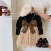 Mädchen Kleider Hosenträger Bogen Nettes Kleid Große Mesh Prinzessin Kinder Lange Gestrickte Ärmel Geburtstag Party Vestidos Kleidung