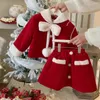 Set di abbigliamento Set per bambini Ragazza in stile coreano 2023 Fiocco invernale in peluche Cappotto e gonna di lana rossa Principessa Dolce Casual in due pezzi