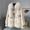 Pele feminina inverno peles casaco feminino 2023 moda solta parker jaqueta casaco gola bolso zíper 3xl bege outerwear feminino