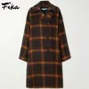 Women's Wool Blends Women Autumn Winter Classical Single Breasted Plaid Long Coat Female Casual Loose Coat Vintage Women's Lapel Overcoat Streetwear 231211