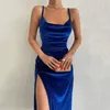 Casual Dresses European Style Long Dress For Women Solid Fashion Lady Side-slit Slim Ins Summer Inside Spaghetti Straps Sundress Basic Party