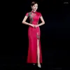 Etnische kleding herfst effen satijn lange vork dames cheongsam bruiloft avond feestjurk elegante klassieke retro slanke qipao nieuwigheid kleding