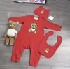 Spring Autumn Baby Brand Rompers Toddler Long Sleeve Jumpsuits Cartoon Bear Spädbarn Onesies+Hattar+Bibbs 3st Set nyfödda kläder