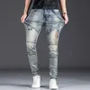 Jeans pour hommes Denim marque de mode conception mince Style moto fermeture éclair personnalisée artisanat motif rétro pantalons longs 2312012