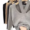 Kvinnors tröjor 2023 Höst/vinterdesign Känns lös och personlig tröja Lazy Style Unik hängande hals V-ringad stickad