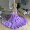 Glam Lila Mermaid Prom -jurk met veer Zie door kralen kristal zwarte meisjes avondjurken fluweel fishtail formele afgelegen gelegenheid feestjurk 2024 verjaardag elegant