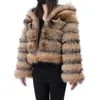 Maomaokong – manteau en fausse fourrure de raton laveur 2024 naturel pour femme, avec chapeau, veste d'hiver de luxe en cuir, vêtements féminins, 231213