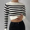 In the spring of 2023, the new womens sweater striped short paragraph was worn outside the sweater top.