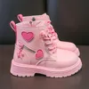 Boots Girls Boots Kids Fashion Rubber Boots Cool Girl Autumn and Winter Cotton Soft Sole Pink with Love Side Zip Princess Round-toe PU 231212