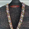 豪華なカラフルなクリスタルビーズ女性の編み物デザイナーディープVカラー長袖レディースコート121307