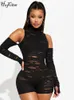 Women's Jumpsuits Rompers Hugcitar Mesh Black Long Sleeve Hollow Out See Through Zip Up Sexy Bodycon Playsuit 2023 Fall Fashion Streetwear Sport RomperL231212