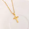 24 k Yellow Fine gold GF Small Mini Tax stamp cross Pendant chain Earrings set Christian jewelry sets women girl Jesus Gift236g