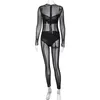 Women's Jumpsuits Rompers Autumn Winter 2023 Mesh See Through Black Bodycon Jumpsuit Ropmers Women Sexy Long Sleeve One Piece Party Club Overalls OutfitsL231212