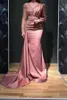 Vintage Pink Long Sleeve Evening Dresses Sheer V-Neck Mermaid Floor-Length Appliques Beads Floor Length Formal Party Ocn Gowns Mother Dress Prom