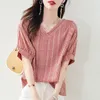 Damesblouses Dames Holle Plaid Print Vintage Borduurblouse Zomer Trendy V-hals Shirts Met Korte Mouwen Losse Casual Tops Vrouwelijke Blusas