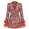 Kvinnors kostymer blazers Flower Printed Blazer Dress Autumn Winter Plunge V Neck Long Feather Sleeves Fashion Jacket med Belt Stylish Women Outfit 231212