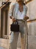 Women's Two Piece Pants Sequined Jacket Flare Pant Suit Women 2023 Autumn Street Long Sleeve Coat Wide Leg Trousers 2 Set Fashion Silver Lady Sets 2312012