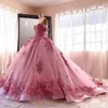 Pink Pretty Flowers Lace Beaded Quinceanera Dresses Off The Shoulder Princess Ball Gown Prom Evening Puffy Long Train Sweet 15 16 Dress For Girls Formal Wear CL1350