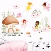 Autocollants muraux de jardin et de plantes de fées de dessin animé aquarelle, sparadrap muraux de champignons de fleurs pour décor de chambre de bébé fille