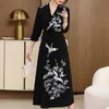 Vêtements ethniques Style chinois Femmes Printemps et Automne Rétro Broderie Grue Vcou Trois Quarts Manches Élégant Hanfu Longue Robe SXXL 231212