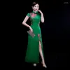 Etnisk kläder Autumn Solid Satin Long Fork Women Cheongsam Wedding Evening Party Dress Elegant Classic Retro Slim Qipao Novelty kläder