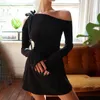 Casual Dresses Ahagaga Stylish One-Shoulder Cold-Shoulder Long Sleeve Black Sexy Dress Temperament Waist-Controlled Slimming Skirt
