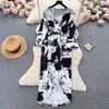 Abiti casual Elegante vintage per le donne Autunno scollo a V stampa floreale spacco laterale Tie-dye Femme pieghettato Vestido French Chic Woman Dress