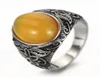 Bague en acier inoxydable Vintage motif filigrane ovale pierre jaune pour hommes femmes 7 12 avec sac en velours 6764588