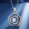 Necklace Earrings Set Blue 5A Cubic Zircon Rose Flower Pendant Adjustable Ring Women Elegant Jewelry Cocktail Giant Accessories Gift