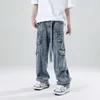 Männer Jeans Elastische Gerade Rohr High Street Multi Taschen Vintage Lose Arbeitskleidung Casual Denim Hosen Für Männer Mode 2023