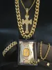 Men039s Golden Watch Hip Hop Men Necklace Watch Necklace Bracelet Ring Combo set Iced Outed Cuban Golden Jewelry Set3591241