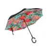 Umbrellas Car Reverse Umbrella Rain Women Rose Flowers Print Windproof Long Handle Double Layer Inverted With Reflective Strip 231213