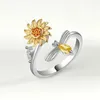 Cluster-Ringe, modisch, 925er Sterlingsilber, für Damen, Sonnenblumen-Drehring mit Diamanten, Biene, Anti-Druck, lindert Angstzustände