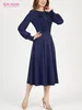 Basic Casual Dresses SFLAVOR Women Long Sleeve Classic Midi Dress Elegant Oneck Navy Color Pleated Working 231212