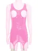 Robes décontractées Femmes Lingerie Open Chest Mini Cuir Verni Robe Wet Look Clubwear Zipper Hollow Nipple Robe avec jarretières