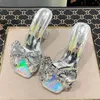 Sandaler Transparent PVC Crystal Clear -klackade kvinnor tofflor Fashion Fish Scales Bow High Heels Female Mules Slides Summer Shoes 231212