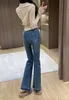 Projektantka damskie dżinsy o wysokiej stroju chude niebieskie dżinsowe spodnie szeroko nogawkowe kobiety C list haftowy jesień i zimowe dziewczyny 8Soh