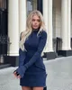 Women's Elegant Dark Blue Commuting Mini Dress 2023 Autumn Sexy Pocket Long Sleeve Tight Dress Women's Unique Party Club Dress 231213